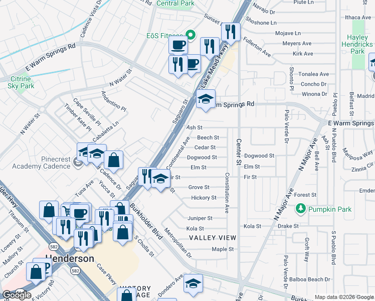 map of restaurants, bars, coffee shops, grocery stores, and more near 103 Cedar Street in Henderson