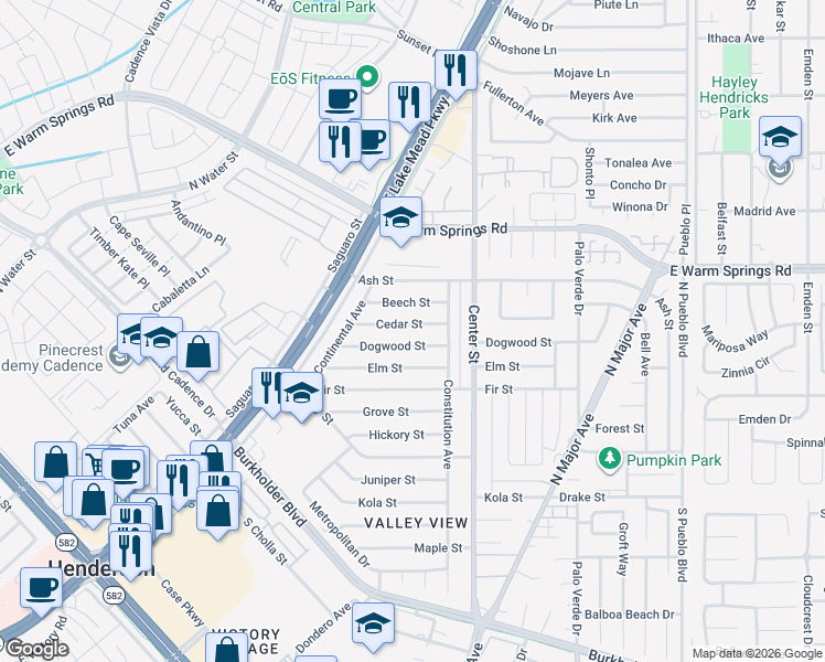 map of restaurants, bars, coffee shops, grocery stores, and more near 123 Cedar Street in Henderson
