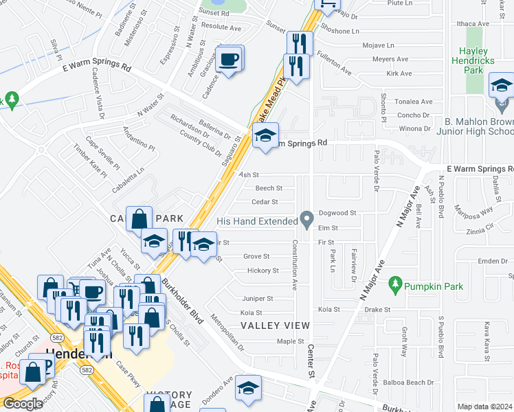 map of restaurants, bars, coffee shops, grocery stores, and more near 113 Cedar Street in Henderson