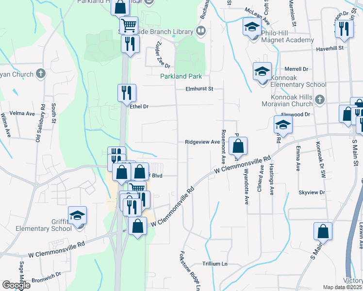 map of restaurants, bars, coffee shops, grocery stores, and more near 990 Ridgeview Avenue in Winston-Salem