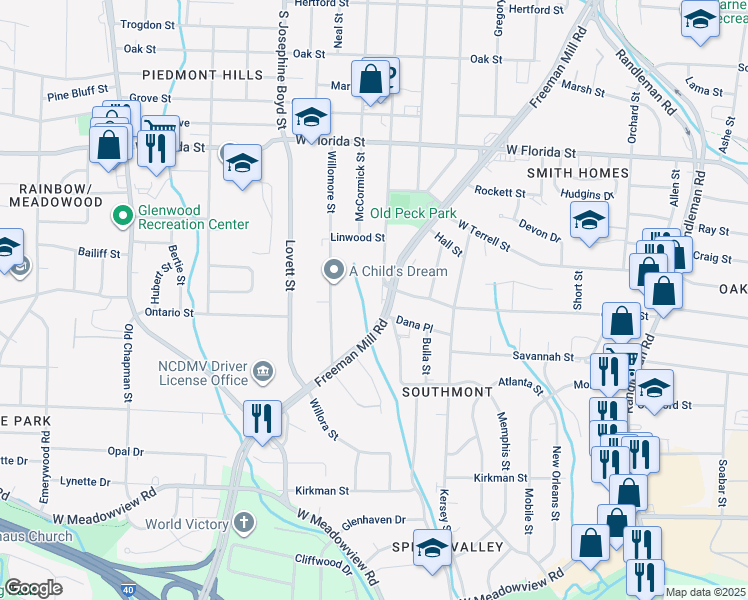 map of restaurants, bars, coffee shops, grocery stores, and more near 1728 Glenwood Avenue in Greensboro