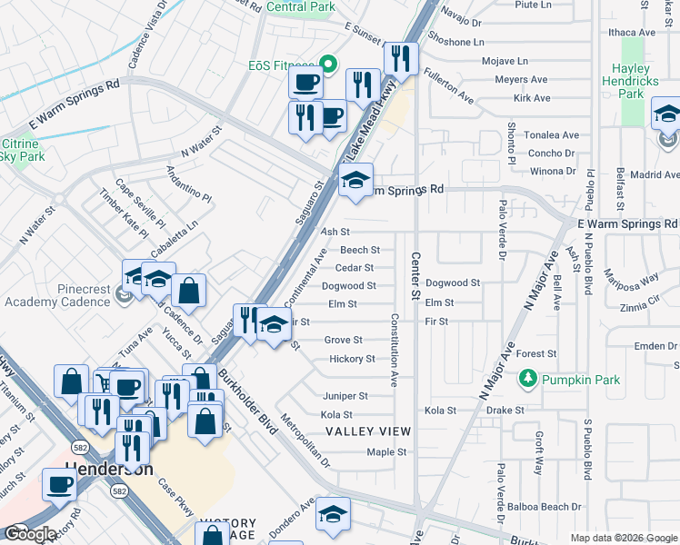 map of restaurants, bars, coffee shops, grocery stores, and more near 119 Dogwood Street in Henderson