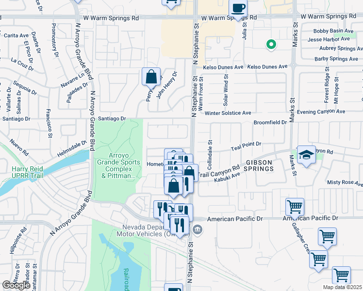 map of restaurants, bars, coffee shops, grocery stores, and more near 266 South Summer Meadow Street in Henderson