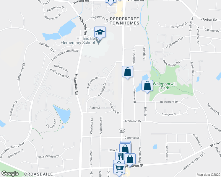 map of restaurants, bars, coffee shops, grocery stores, and more near 2602 Camellia Drive in Durham