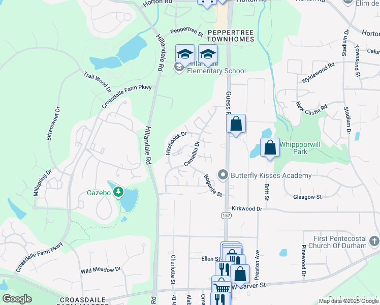 map of restaurants, bars, coffee shops, grocery stores, and more near 2515 Camellia Drive in Durham