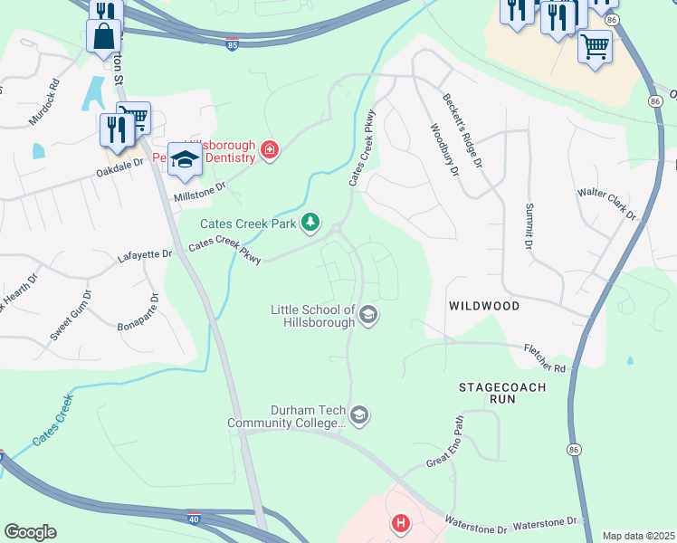 map of restaurants, bars, coffee shops, grocery stores, and more near 100 Waterstone Park Circle in Hillsborough