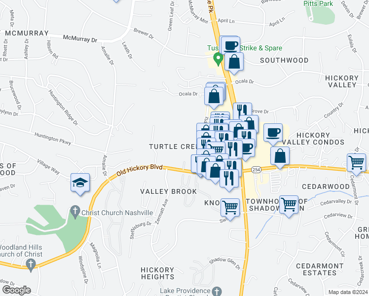 map of restaurants, bars, coffee shops, grocery stores, and more near 389 Hickory Trace Drive in Nashville