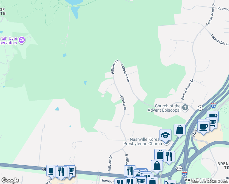 map of restaurants, bars, coffee shops, grocery stores, and more near 5525 Cherrywood Drive in Brentwood