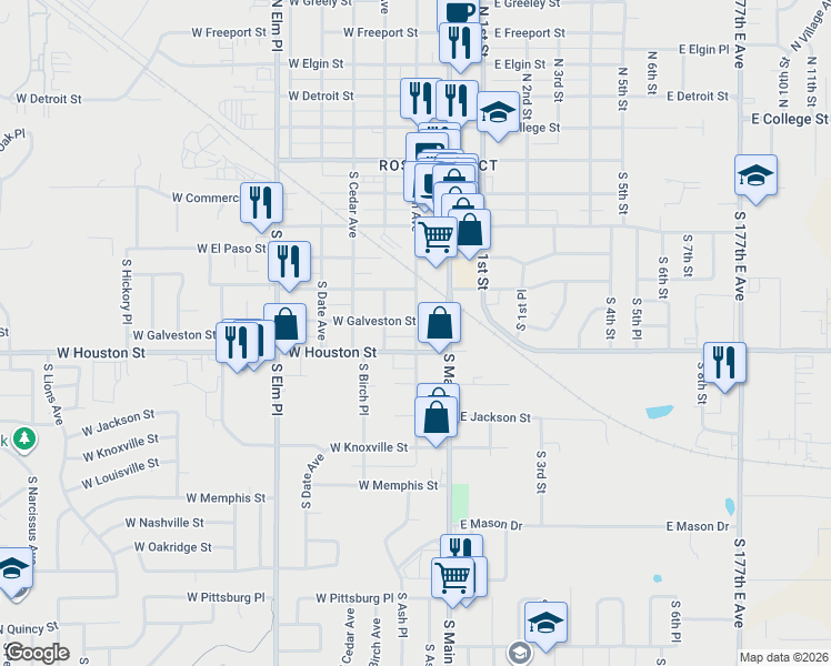 map of restaurants, bars, coffee shops, grocery stores, and more near 114 West Houston Street in Broken Arrow