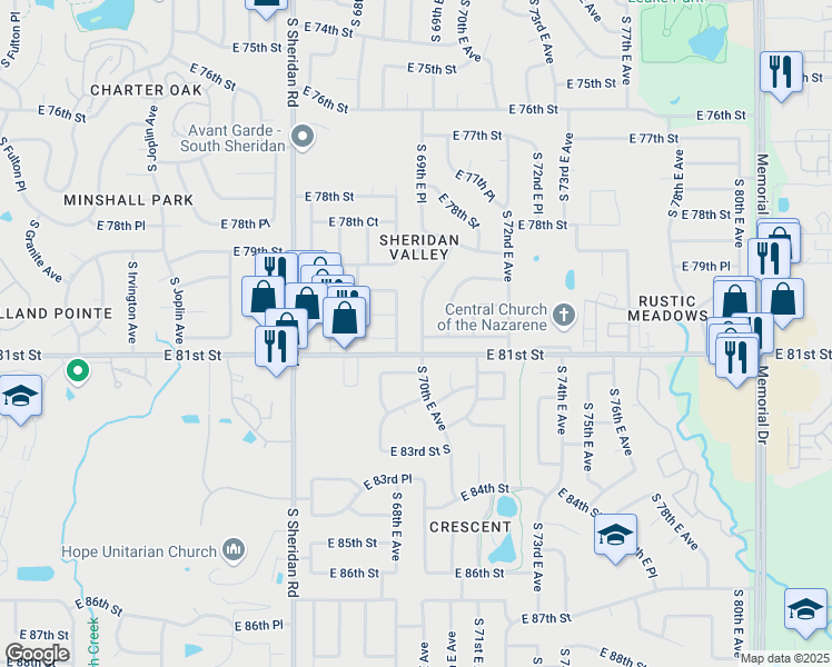 map of restaurants, bars, coffee shops, grocery stores, and more near 8008 South 70th East Avenue in Tulsa