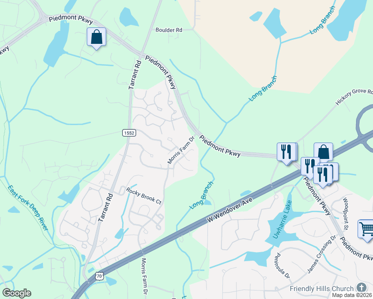 map of restaurants, bars, coffee shops, grocery stores, and more near 4605 Allisons Way in Greensboro