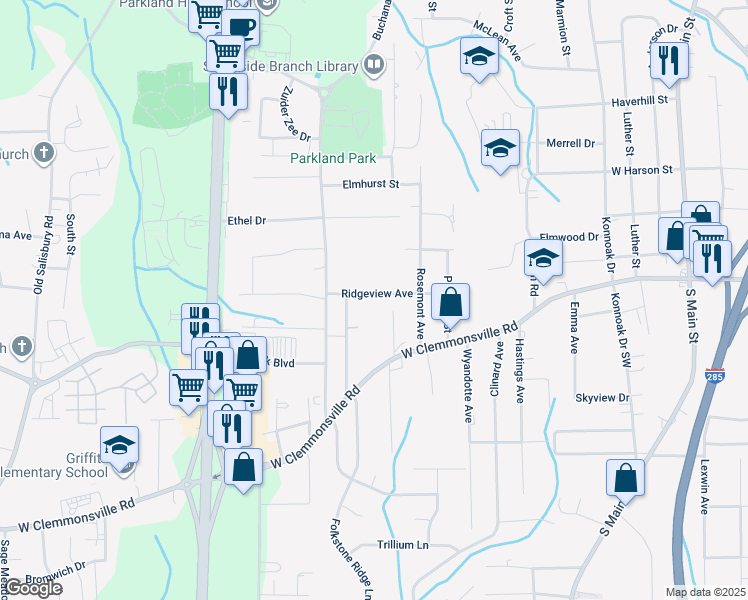map of restaurants, bars, coffee shops, grocery stores, and more near 970 Ridgeview Avenue in Winston-Salem