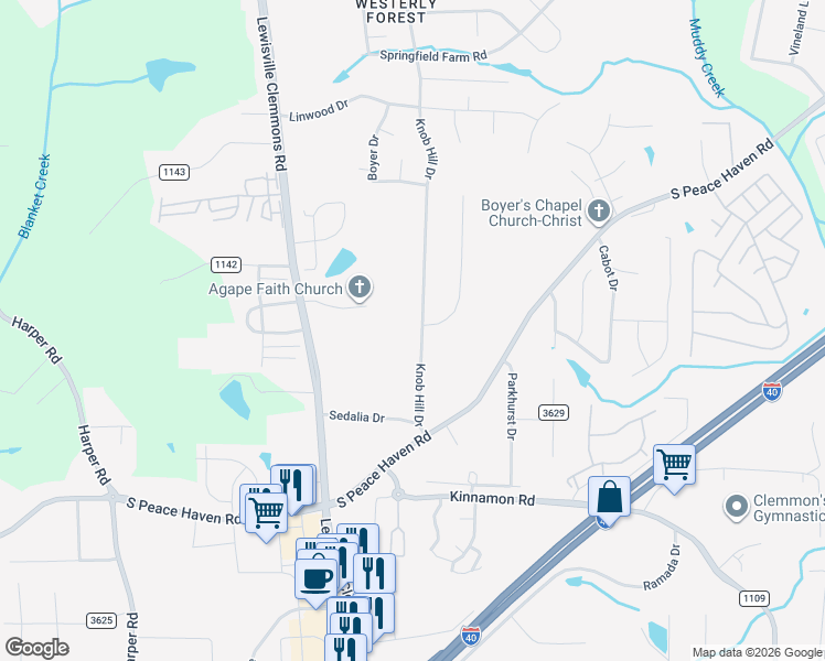 map of restaurants, bars, coffee shops, grocery stores, and more near 2800 Knob Hill Drive in Clemmons