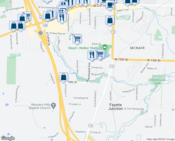 map of restaurants, bars, coffee shops, grocery stores, and more near Colonnade Drive in Fayetteville