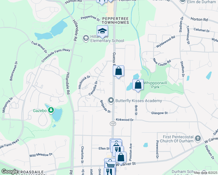 map of restaurants, bars, coffee shops, grocery stores, and more near 3655 Guess Rd in Durham