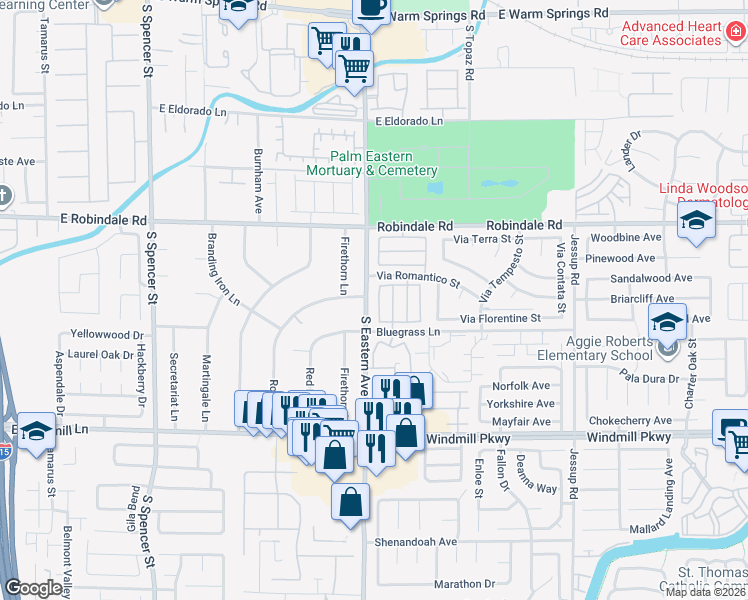 map of restaurants, bars, coffee shops, grocery stores, and more near 261 Domani Drive in Henderson