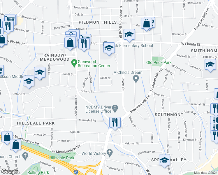 map of restaurants, bars, coffee shops, grocery stores, and more near 1601 Crystal Lane in Greensboro