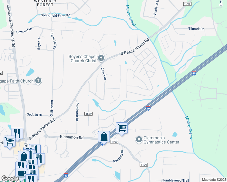 map of restaurants, bars, coffee shops, grocery stores, and more near 845 Cameron Village Drive in Winston-Salem
