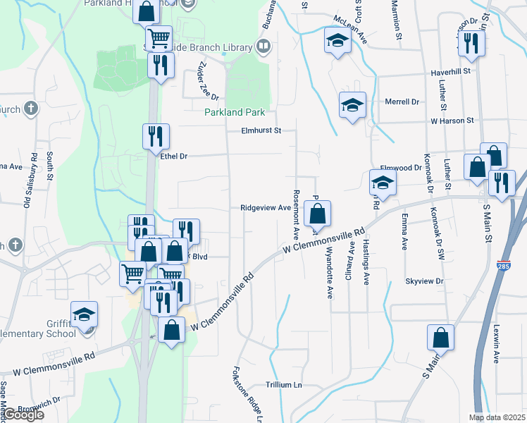 map of restaurants, bars, coffee shops, grocery stores, and more near 970 Ridgeview Avenue in Winston-Salem
