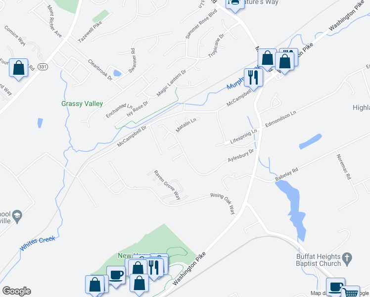 map of restaurants, bars, coffee shops, grocery stores, and more near 4521 Aylesbury Drive in Knoxville