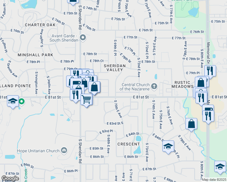 map of restaurants, bars, coffee shops, grocery stores, and more near 8008 South 70th East Avenue in Tulsa