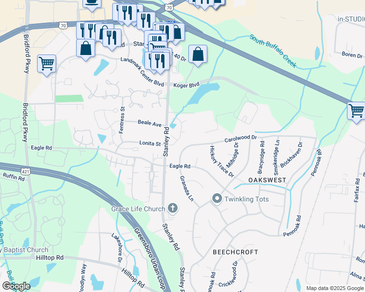 map of restaurants, bars, coffee shops, grocery stores, and more near 5315 Carolwood Drive in Greensboro