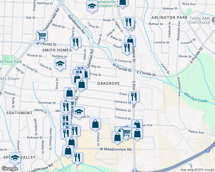 map of restaurants, bars, coffee shops, grocery stores, and more near 210 Erwin Street in Greensboro