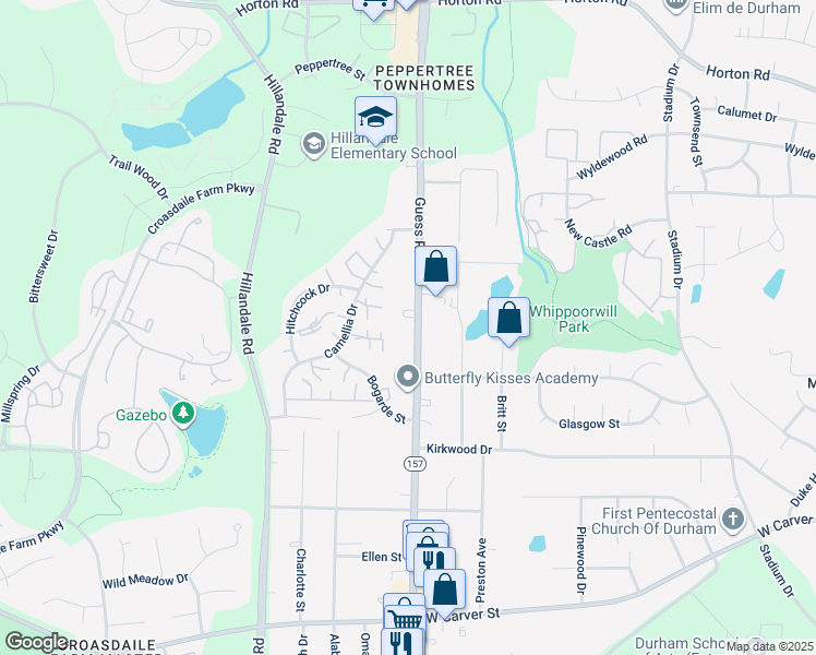 map of restaurants, bars, coffee shops, grocery stores, and more near 3655 Guess Rd in Durham