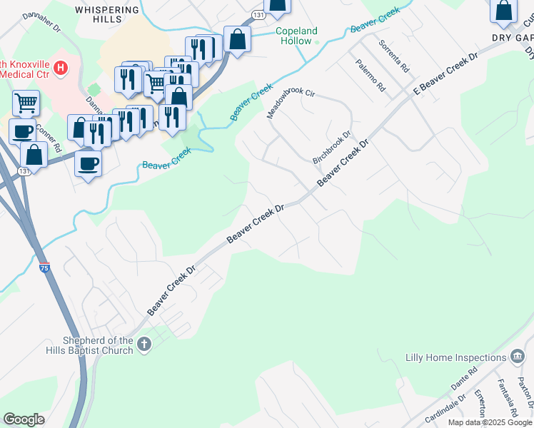 map of restaurants, bars, coffee shops, grocery stores, and more near East Beaver Creek Drive in Knoxville