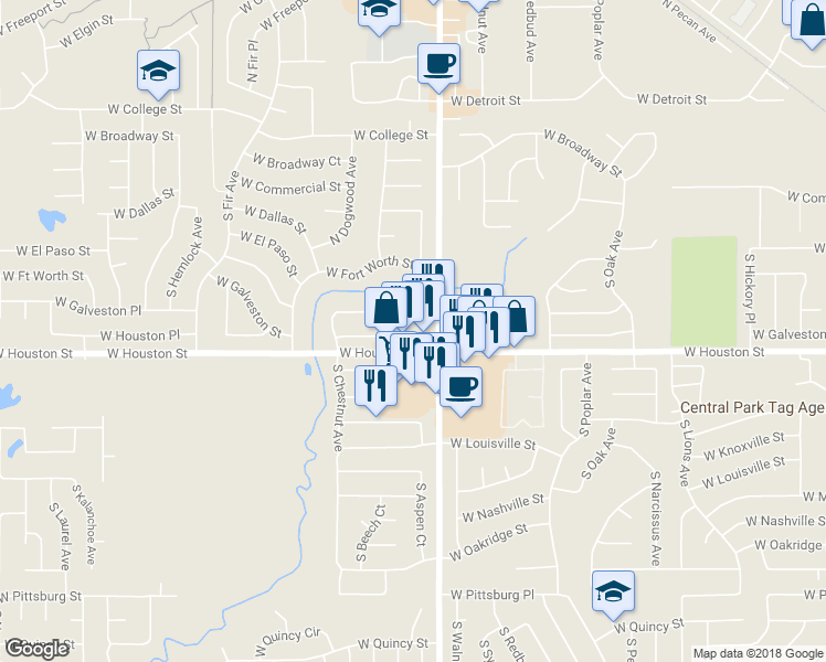 map of restaurants, bars, coffee shops, grocery stores, and more near 2205 West Galveston Street in Broken Arrow