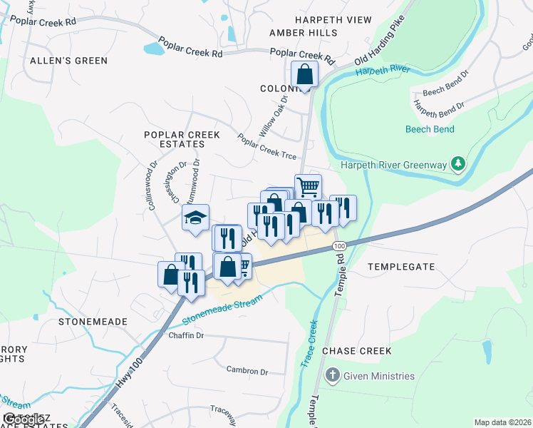 map of restaurants, bars, coffee shops, grocery stores, and more near 7816 Old Harding Pike in Nashville