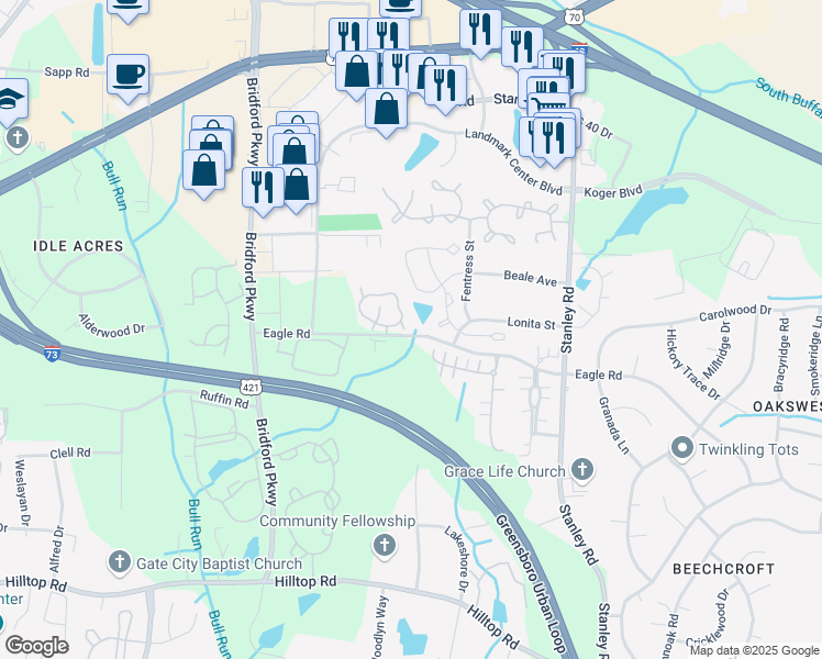 map of restaurants, bars, coffee shops, grocery stores, and more near 100 Manhattan Avenue in Greensboro