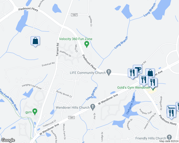 map of restaurants, bars, coffee shops, grocery stores, and more near 3871 Parkway Vista Drive in Greensboro