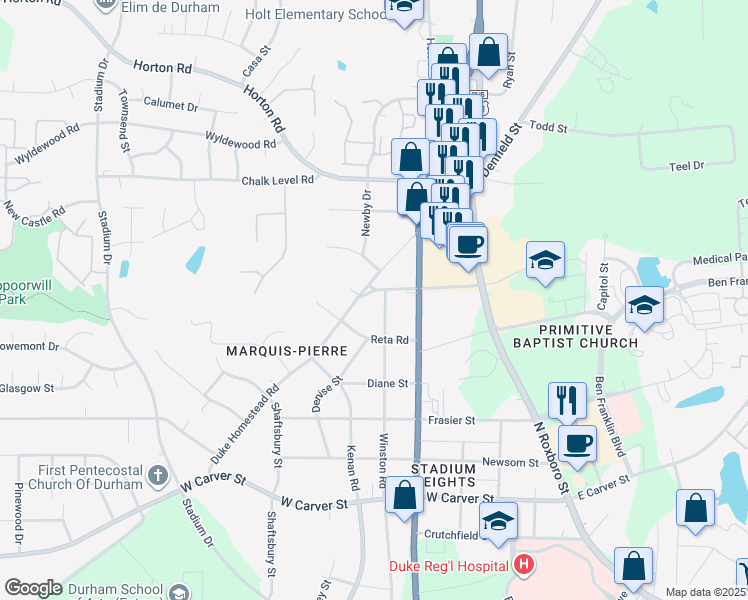 map of restaurants, bars, coffee shops, grocery stores, and more near 3411 Winston Road in Durham