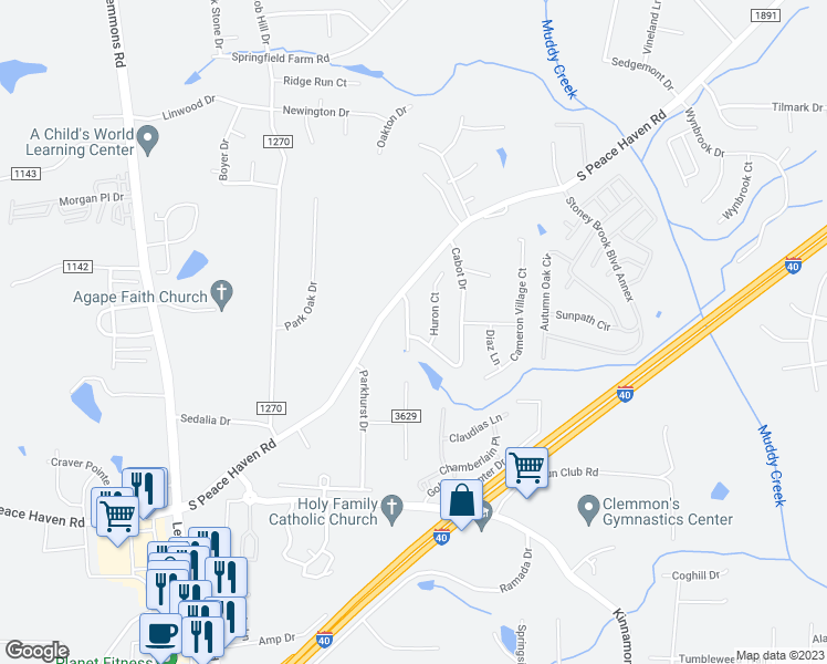 map of restaurants, bars, coffee shops, grocery stores, and more near 2955 Hickman Lane in Winston-Salem