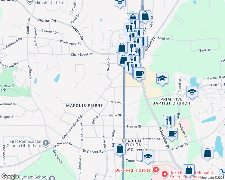 map of restaurants, bars, coffee shops, grocery stores, and more near 3411 Winston Road in Durham