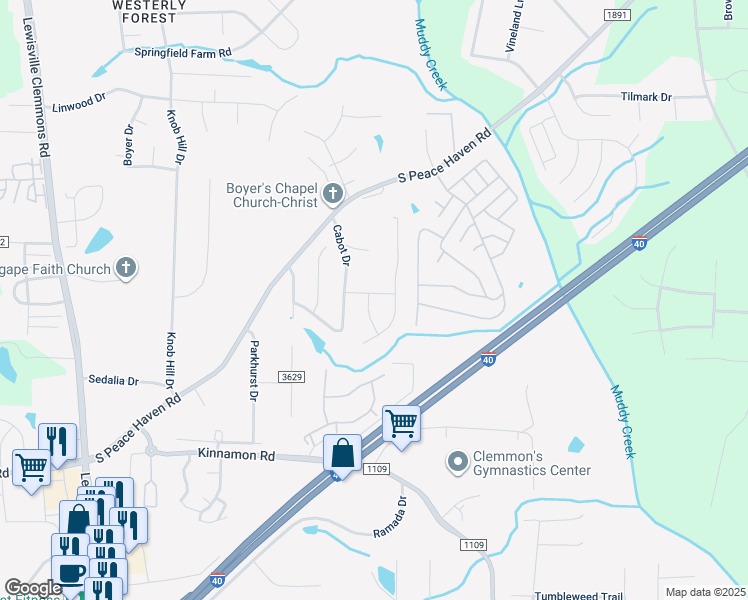 map of restaurants, bars, coffee shops, grocery stores, and more near 845 Cameron Village Drive in Winston-Salem