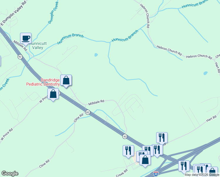 map of restaurants, bars, coffee shops, grocery stores, and more near 298 Milldale Road in Dandridge