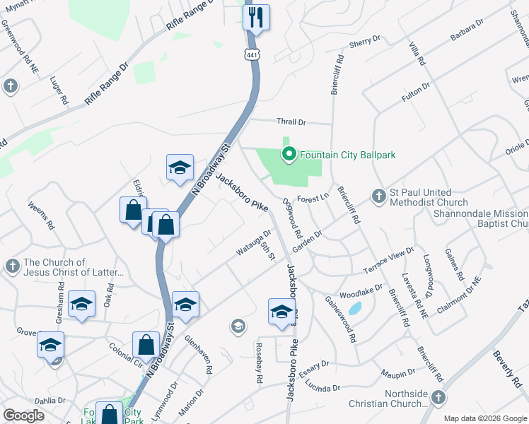 map of restaurants, bars, coffee shops, grocery stores, and more near 431 Watauga Drive in Knoxville