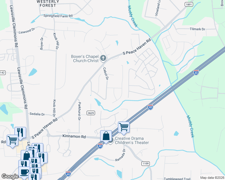 map of restaurants, bars, coffee shops, grocery stores, and more near 3056 Diaz Lane in Winston-Salem