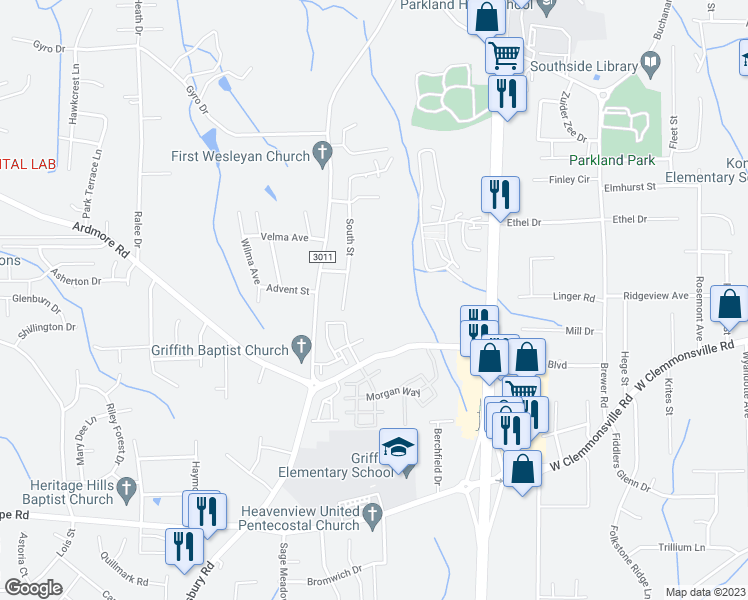 map of restaurants, bars, coffee shops, grocery stores, and more near 1912 South Street in Winston-Salem