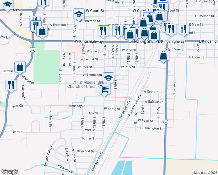 map of restaurants, bars, coffee shops, grocery stores, and more near 612 West Mueller in Paragould