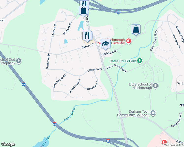 map of restaurants, bars, coffee shops, grocery stores, and more near 103 Bonaparte Drive in Hillsborough