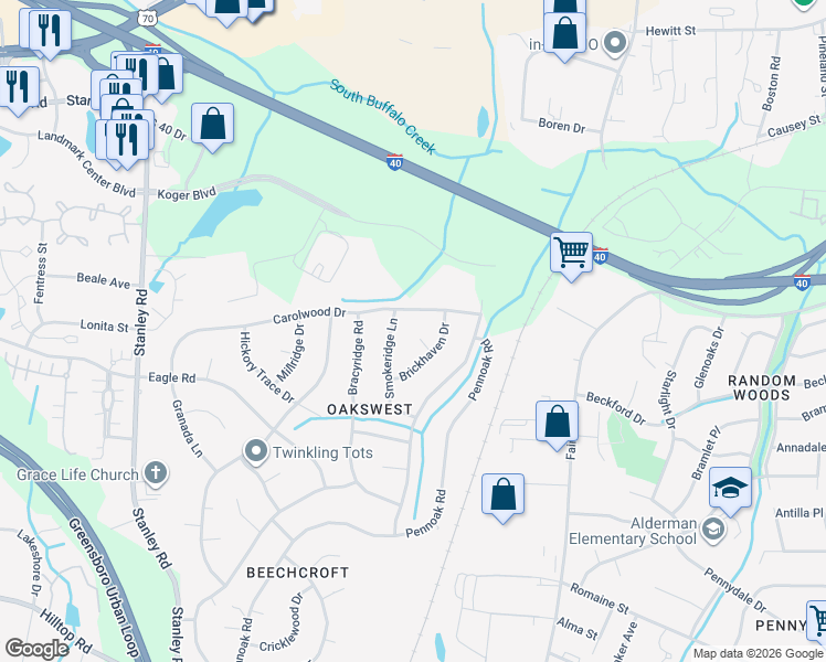 map of restaurants, bars, coffee shops, grocery stores, and more near 2100 Brickhaven Drive in Greensboro