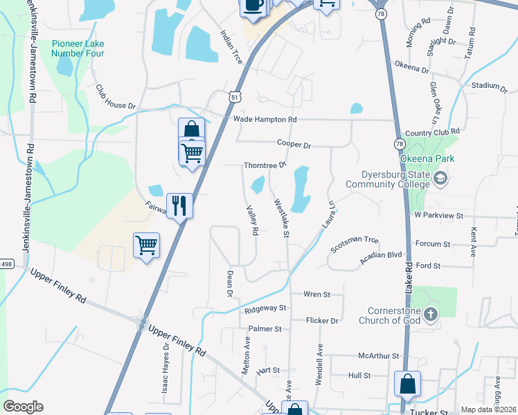 map of restaurants, bars, coffee shops, grocery stores, and more near 1603 Westlake Street in Dyersburg