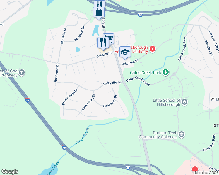 map of restaurants, bars, coffee shops, grocery stores, and more near 103 Bonaparte Drive in Hillsborough