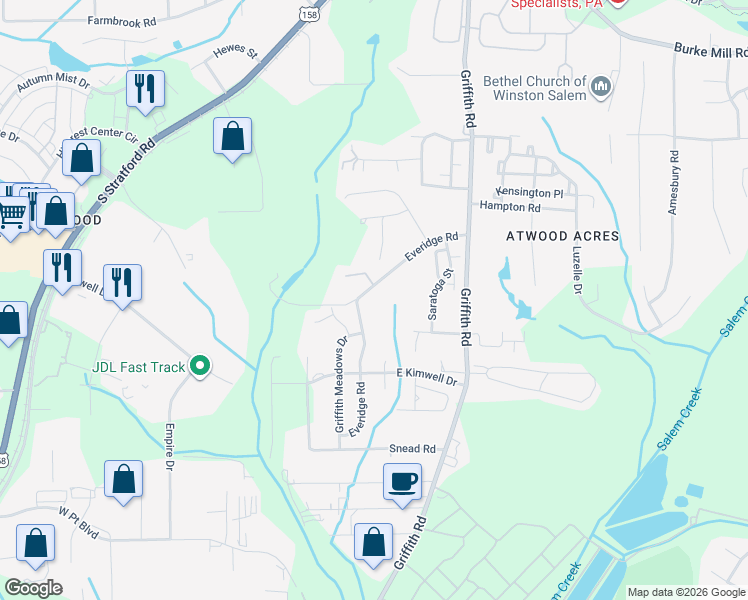 map of restaurants, bars, coffee shops, grocery stores, and more near 291 Everidge Road in Winston-Salem