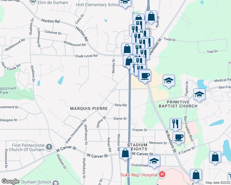 map of restaurants, bars, coffee shops, grocery stores, and more near 3411 Winston Road in Durham