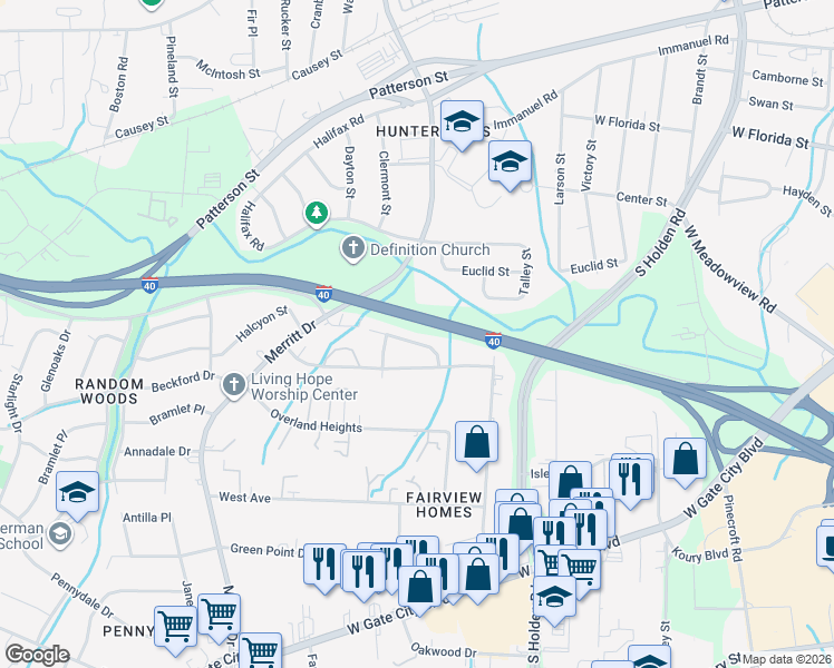 map of restaurants, bars, coffee shops, grocery stores, and more near 3703 Belhaven Drive in Greensboro
