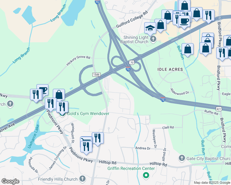 map of restaurants, bars, coffee shops, grocery stores, and more near 1115 Strickland Court in Jamestown